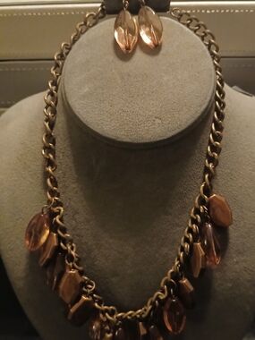 Gold-Tone Brown Crystal Drop Statement Necklace and Earrings Set